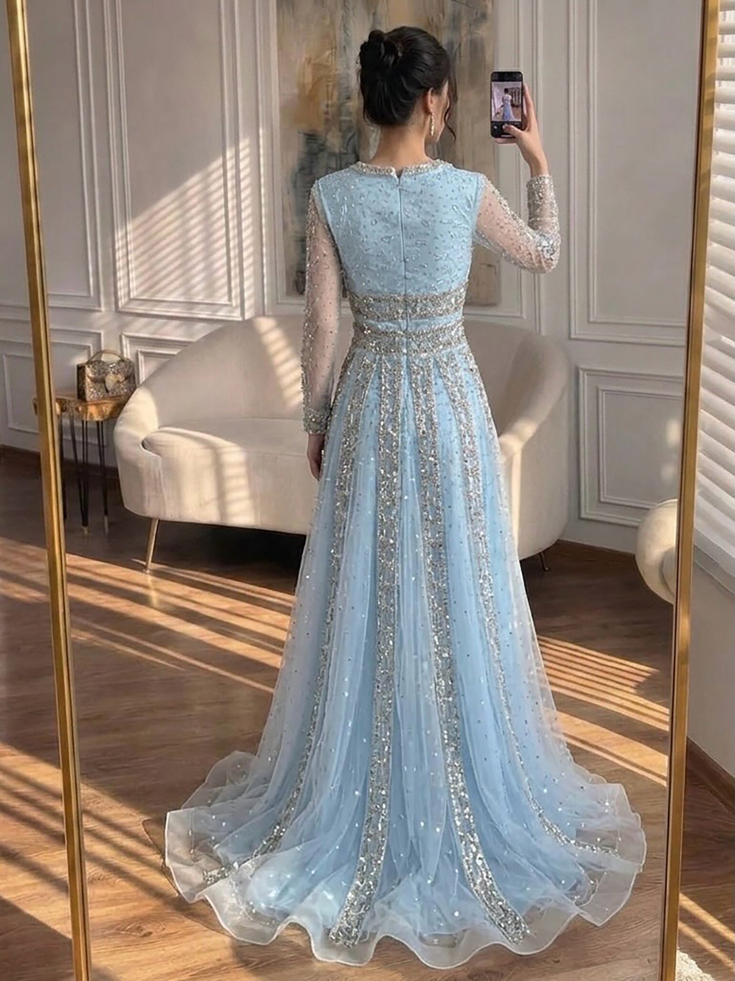 Luxury Caramel V Neck Beaded Bow A Line Evening Gown LA73663 SERENE HILL