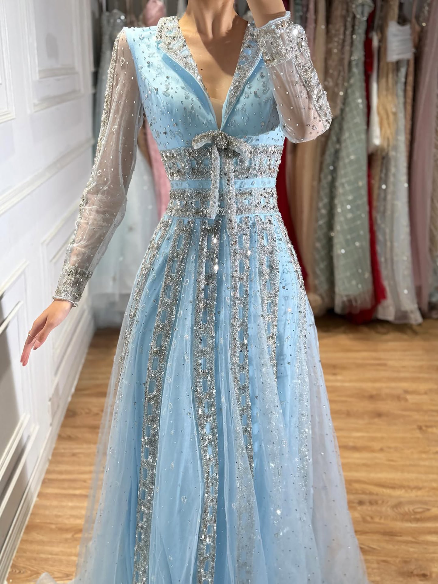 Luxury Caramel V Neck Beaded Bow A Line Evening Gown LA73663 SERENE HILL