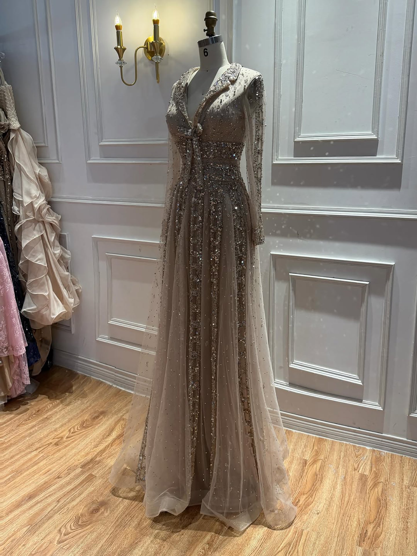 Luxury Caramel V Neck Beaded Bow A Line Evening Gown LA73663 SERENE HILL