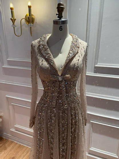 Luxury Caramel V Neck Beaded Bow A Line Evening Gown LA73663 SERENE HILL