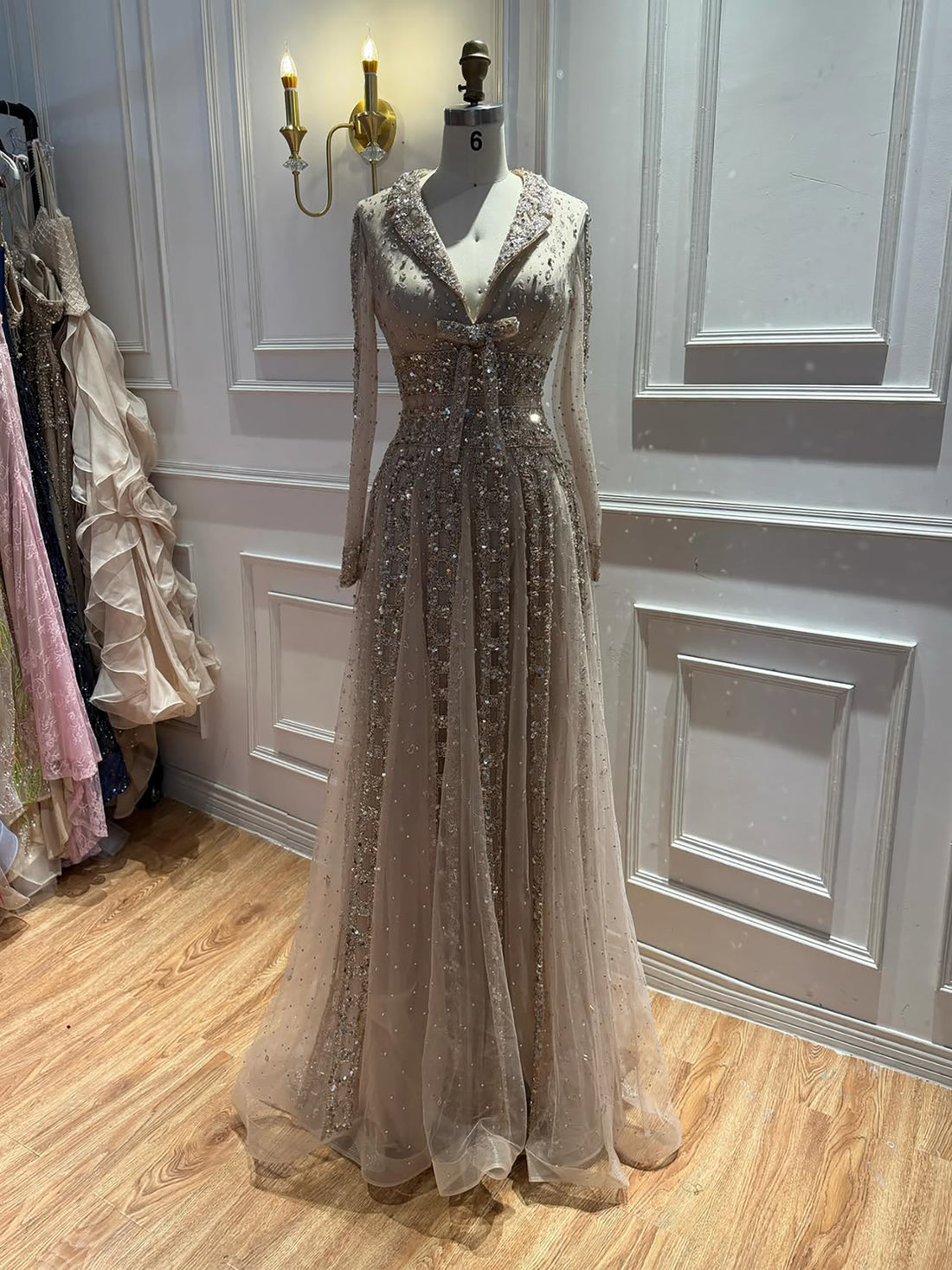 Luxury Caramel V Neck Beaded Bow A Line Evening Gown LA73663 SERENE HILL