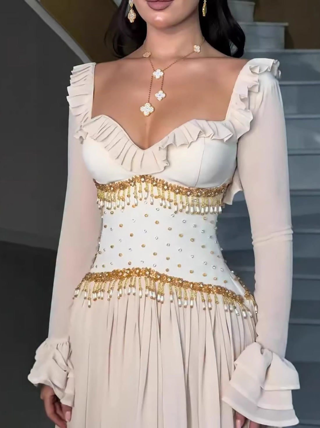 Luxury Beige Beaded A Line Evening Dress Long Sleeves LA73665