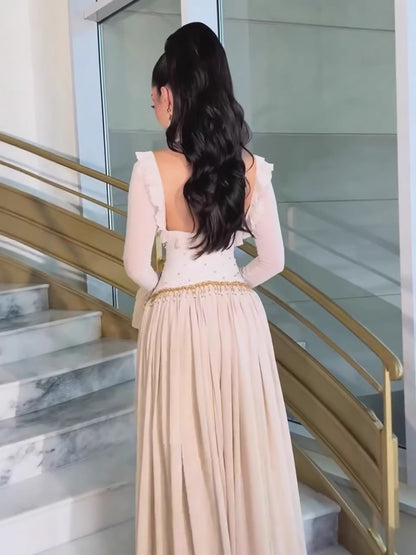 Luxury Beige Beaded A Line Evening Dress Long Sleeves LA73665