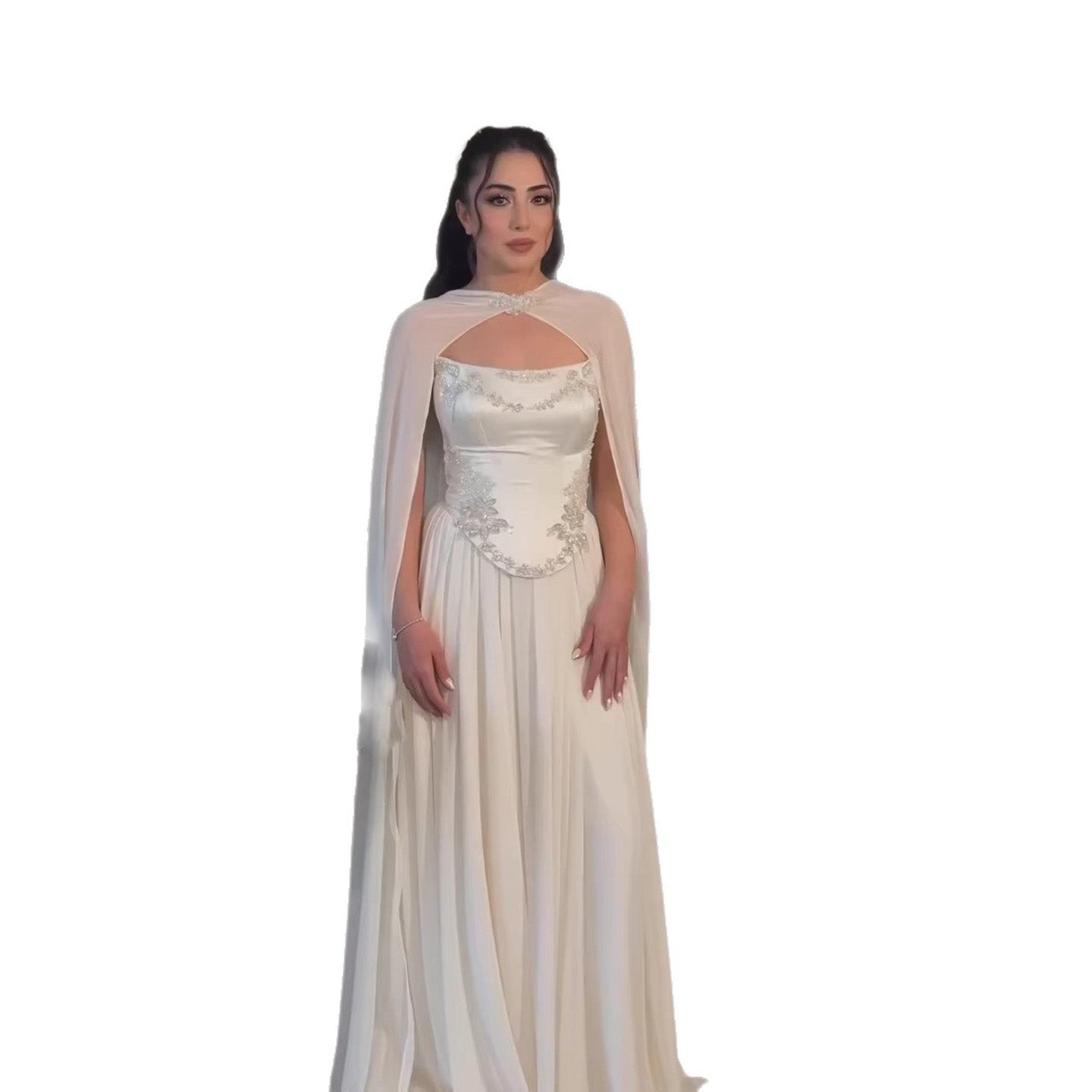 Luxury White A-Line Evening Dress With Cape Beaded Appliques LA73666