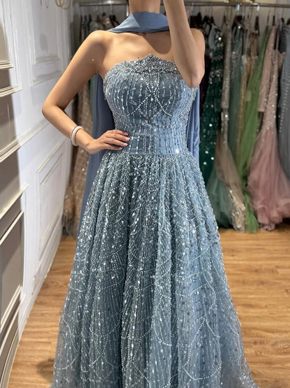 Luxury Blue Beaded A-Line Evening Dress with Cape Scarf LA73668 SERENE HILL