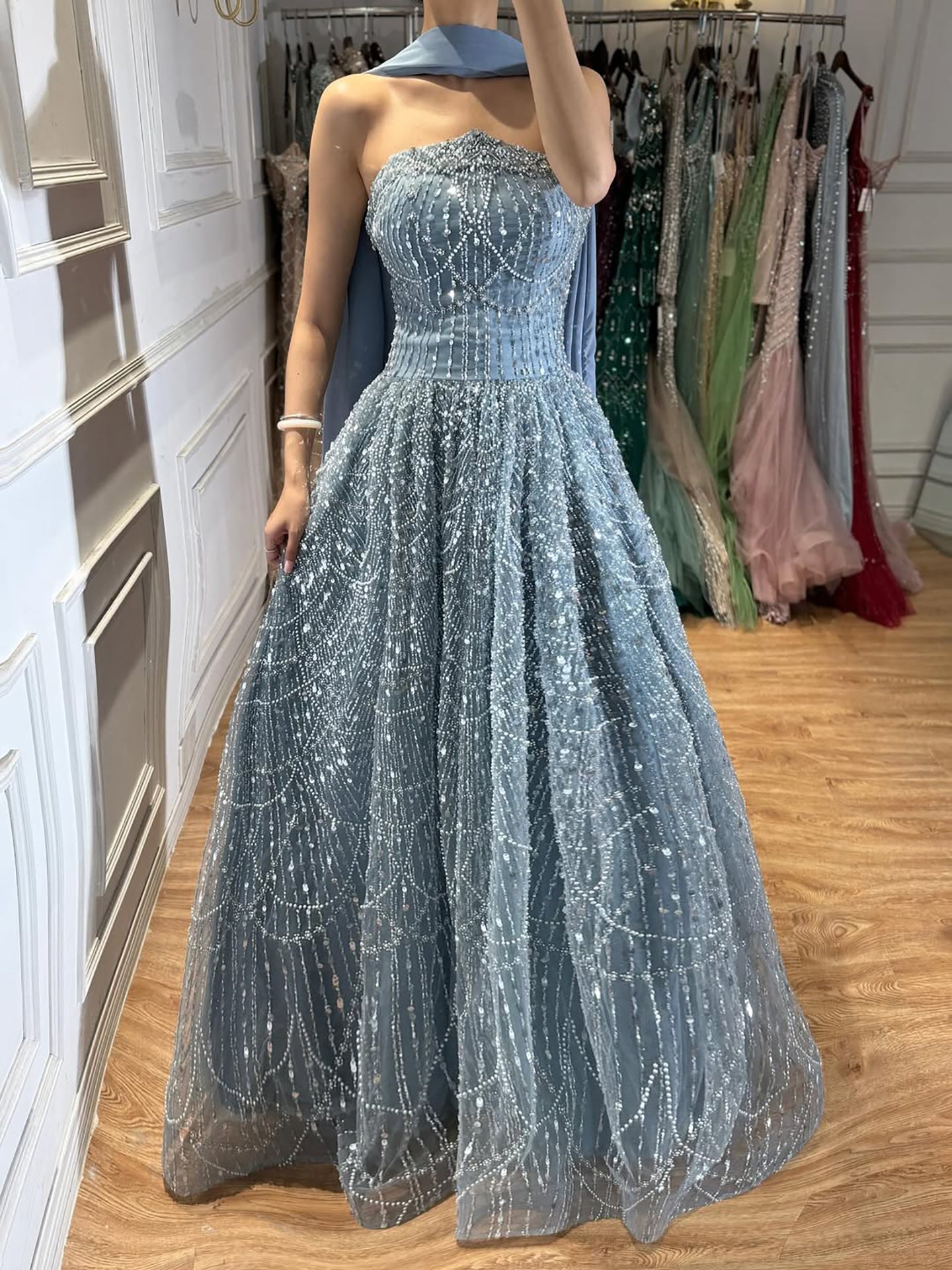 Luxury Blue Beaded A-Line Evening Dress with Cape Scarf LA73668 SERENE HILL Luxury Blue Beaded A-Line Evening Dress with Cape Scarf LA73668 SERENE HILL