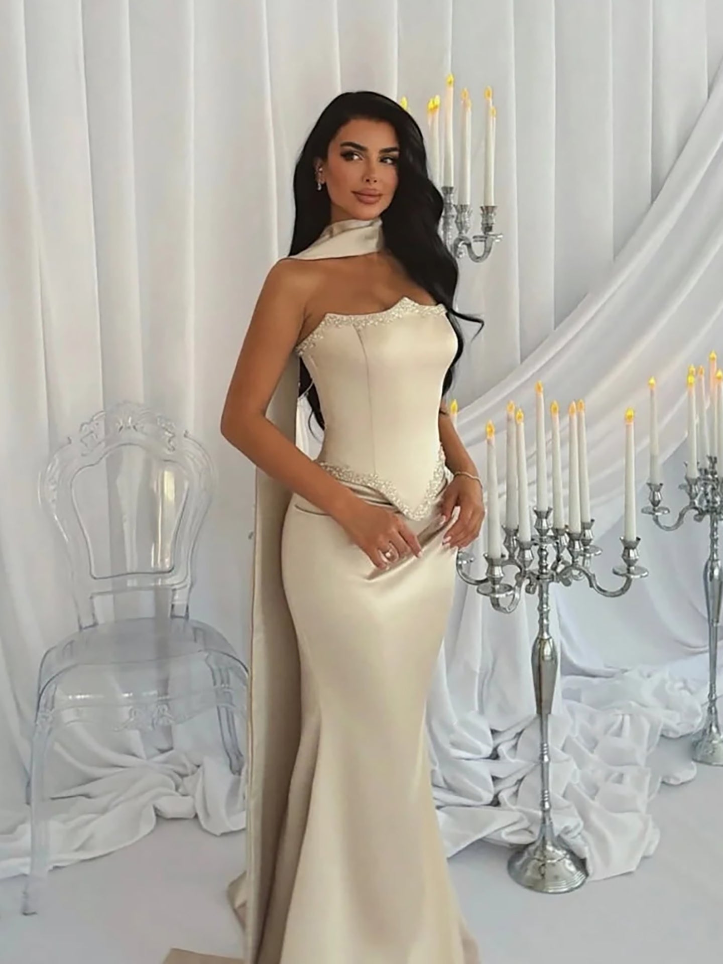 Luxury Nude Beaded Mermaid Prom Dress with Silk Scarf LA73669 Nude / 8