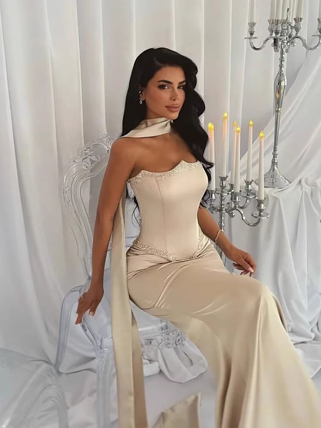 Luxury Cream Beaded Mermaid Prom Dress with Silk Scarf LA73669