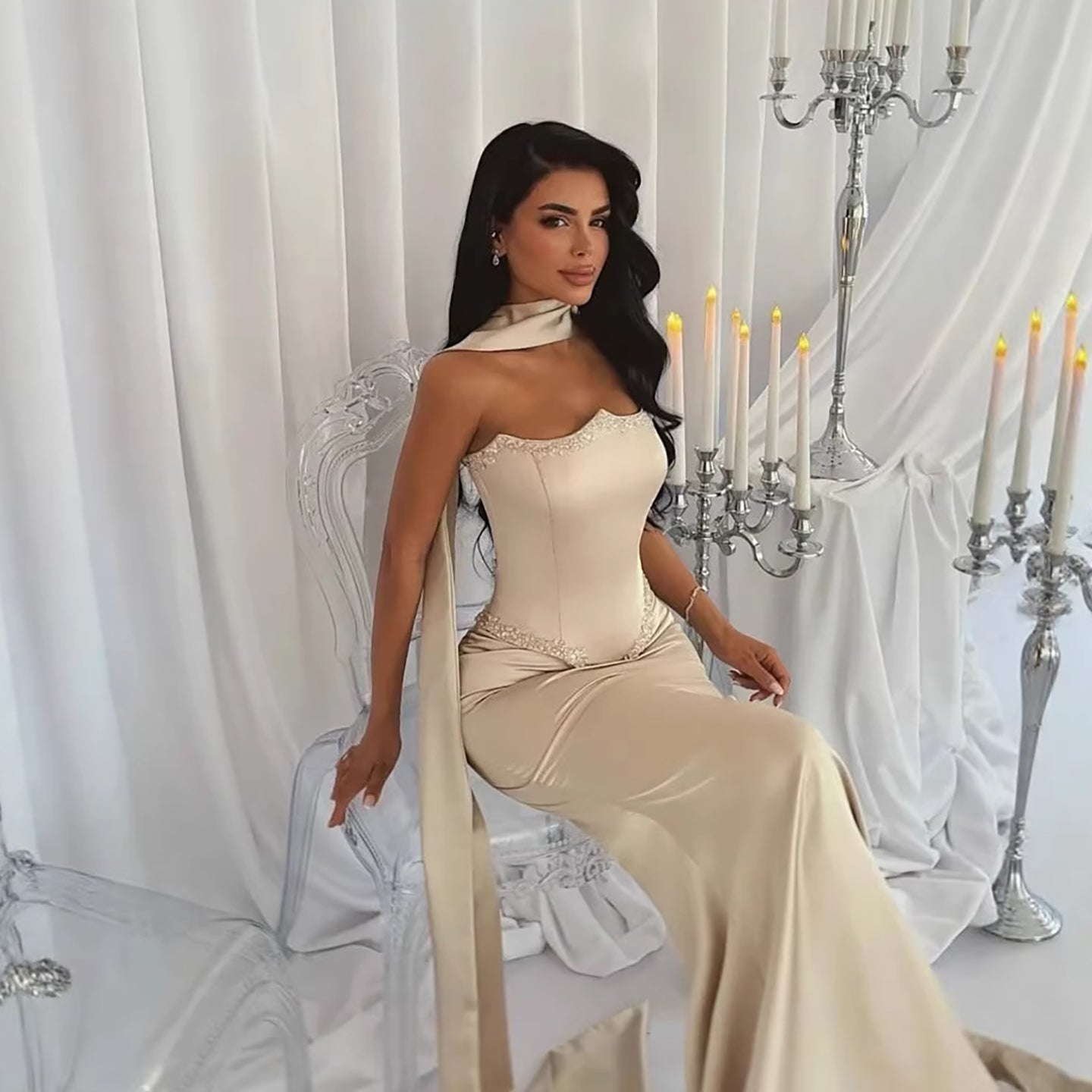 Luxury Nude Beaded Mermaid Prom Dress with Silk Scarf LA73669 Nude / 8