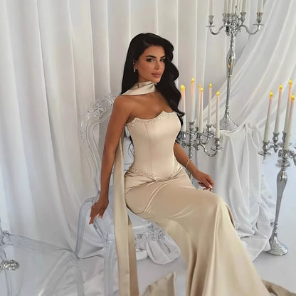 Luxury Nude Beaded Mermaid Prom Dress with Silk Scarf LA73669 Nude / 8