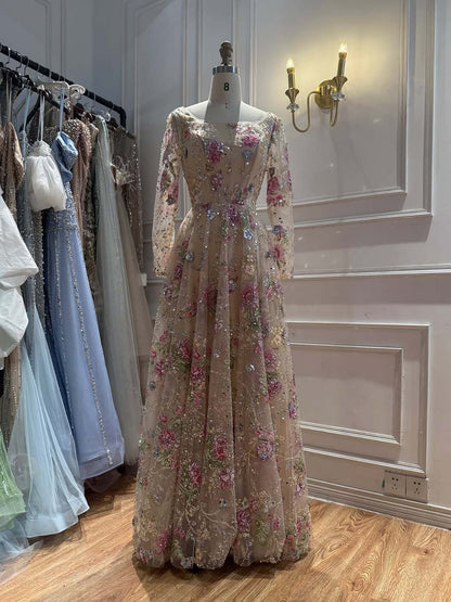 Luxury Nude Pink Colorful Floral Sequin Embroidered A-Line Dress LA73670