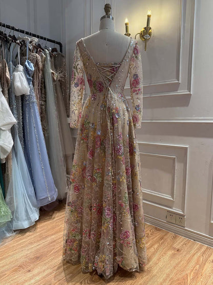 Luxury Nude Pink Colorful Floral Sequin Embroidered A-Line Dress LA73670