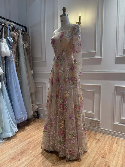 Luxury Nude Pink Colorful Floral Sequin Embroidered A-Line Dress LA73670