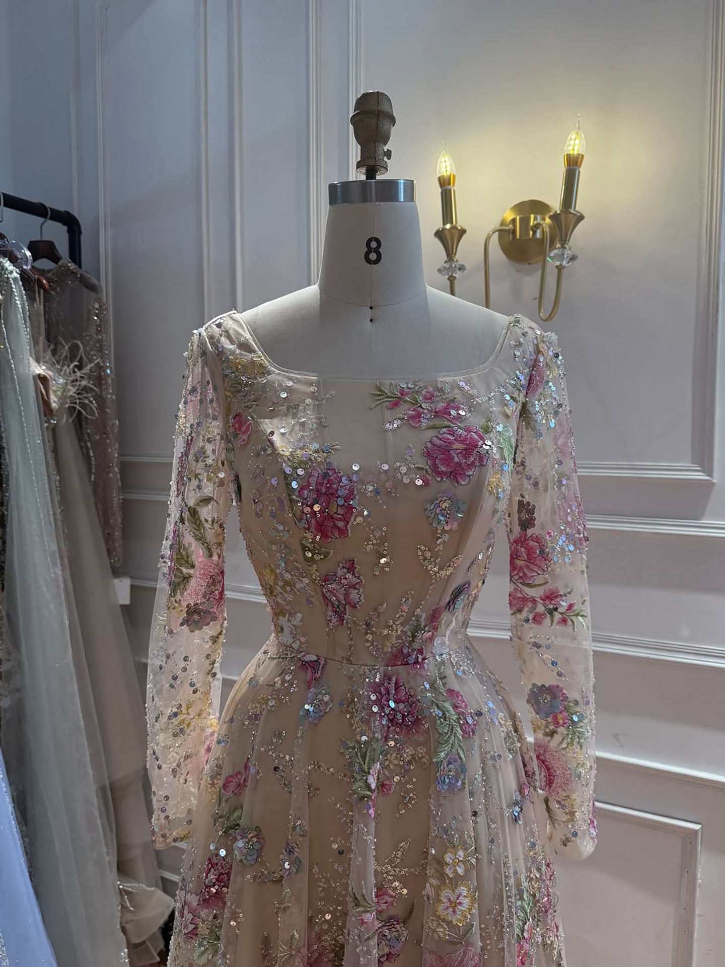Luxury Nude Pink Colorful Floral Sequin Embroidered A-Line Dress LA73670