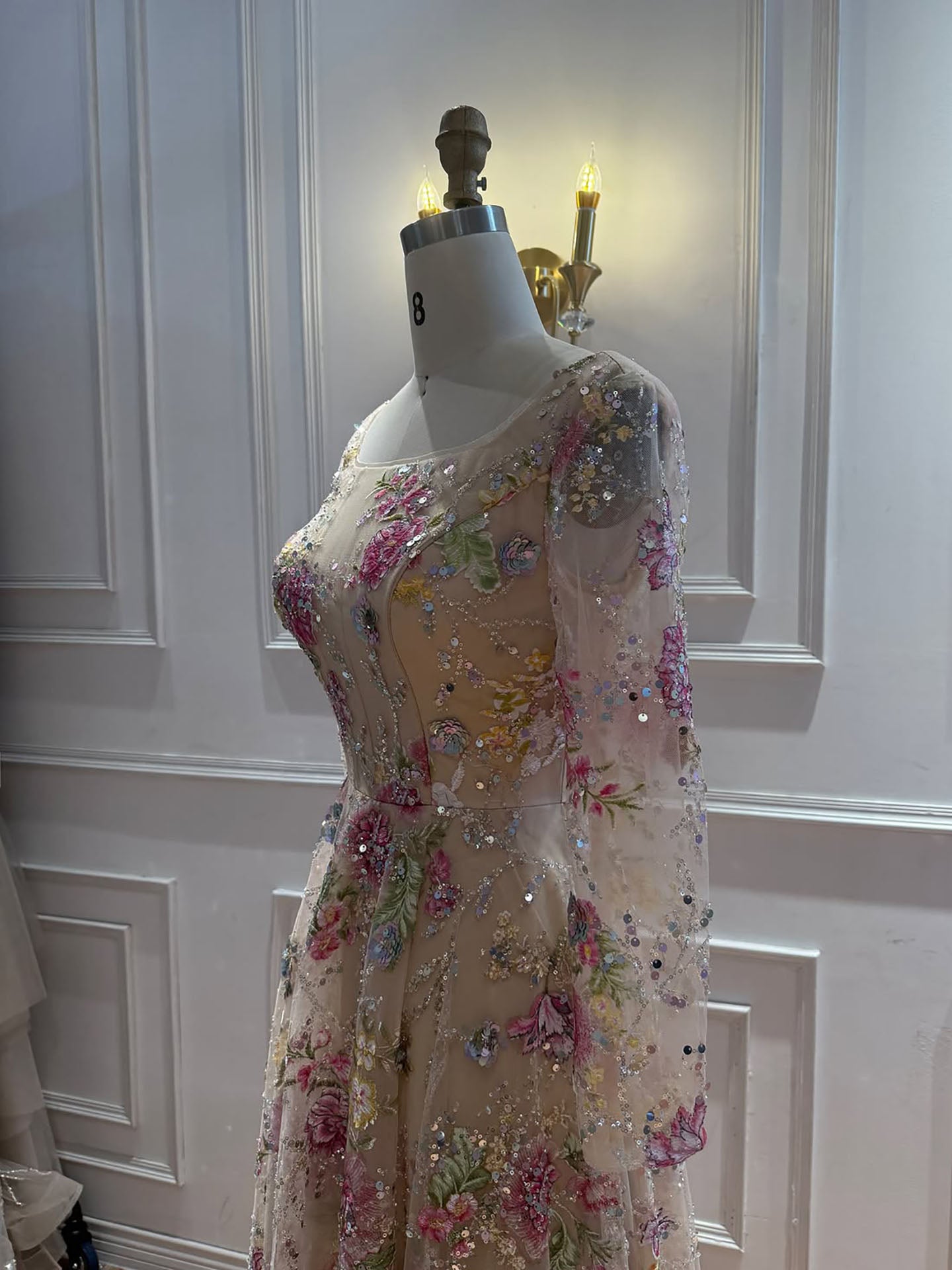 Luxury Nude Pink Colorful Floral Sequin Embroidered A-Line Dress LA73670