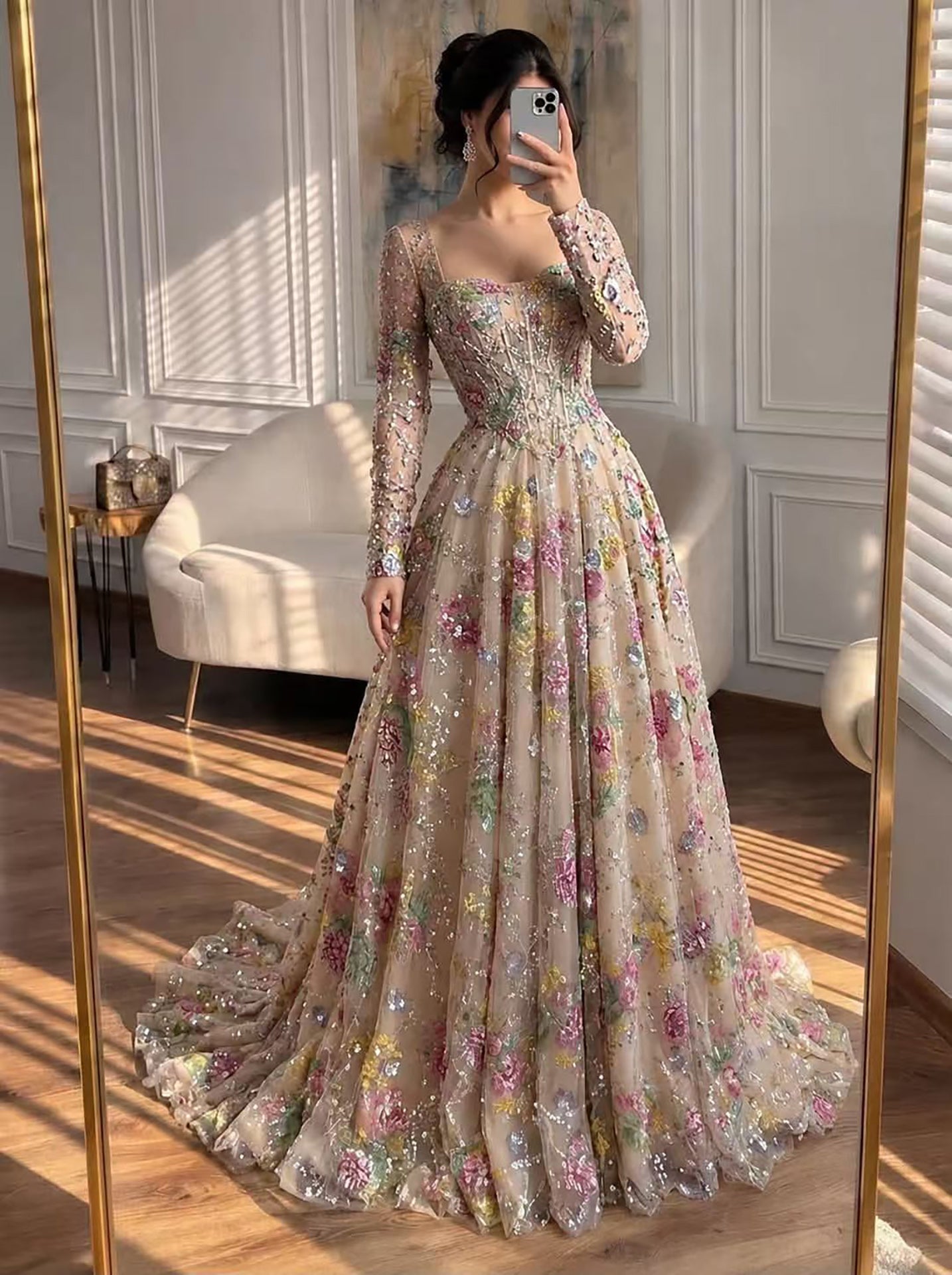 Luxury Nude Pink Colorful Floral Sequin Embroidered A-Line Dress LA73670 SERENE HILL