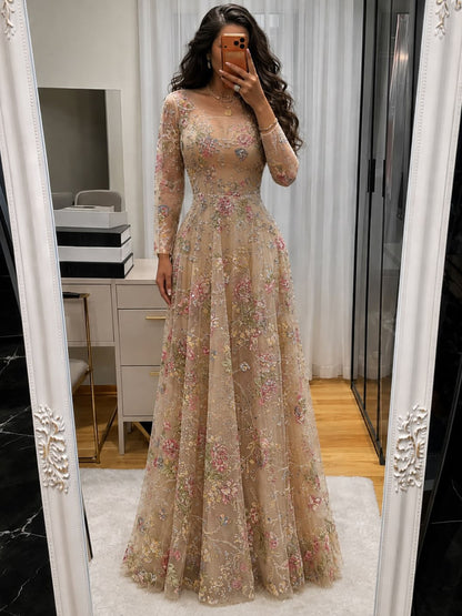 Luxury Nude Pink Colorful Floral Sequin Embroidered A-Line Dress LA73670
