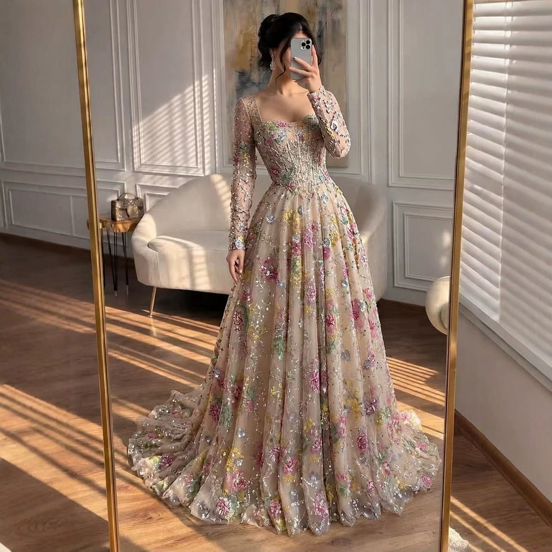 Luxury Nude Pink Colorful Floral Sequin Embroidered A-Line Dress LA73670 SERENE HILL