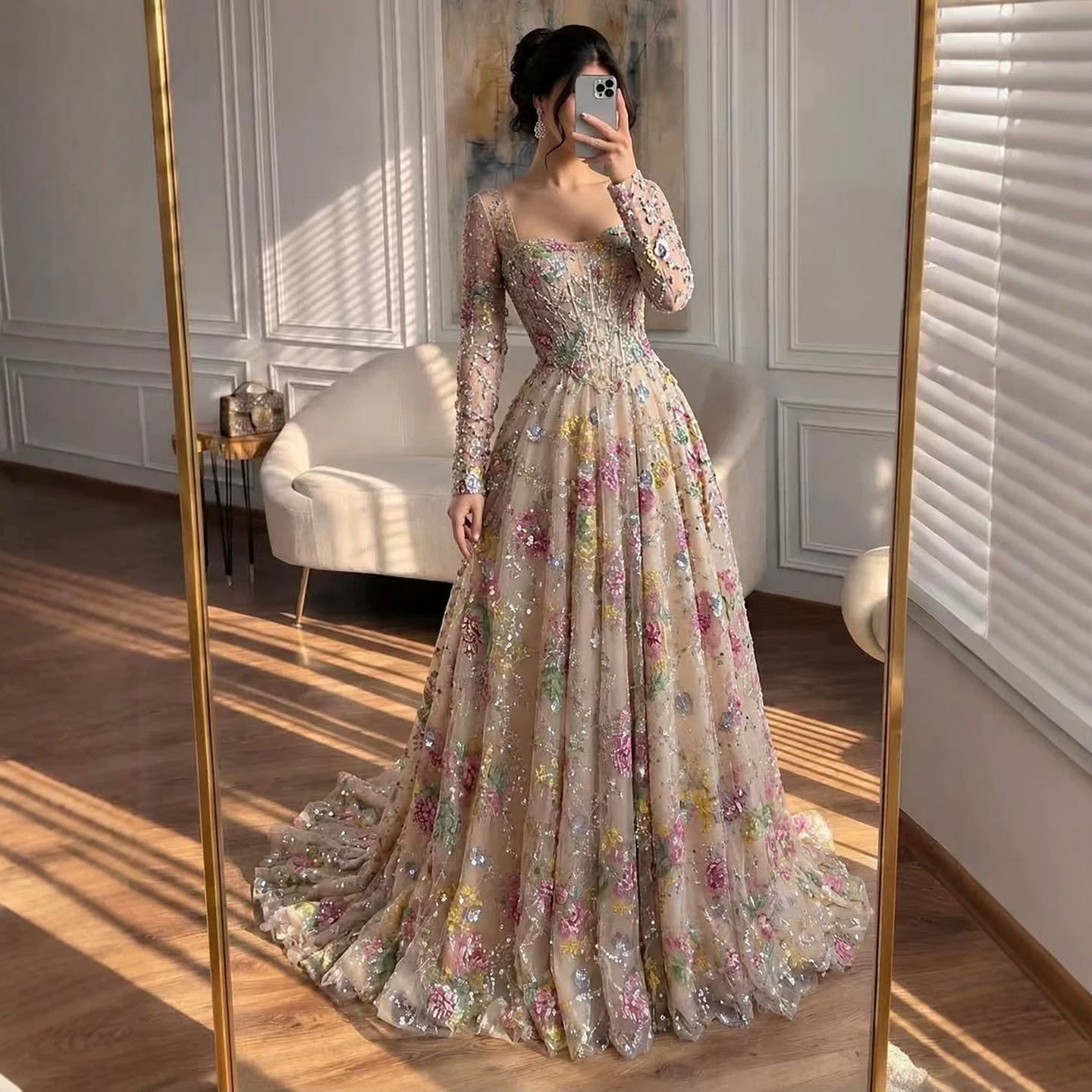 Luxury Nude Pink Colorful Floral Sequin Embroidered A-Line Dress LA73670 SERENE HILL