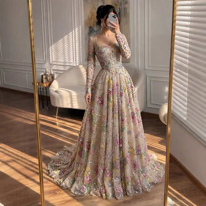 Luxury Nude Pink Colorful Floral Sequin Embroidered A-Line Dress LA73670 SERENE HILL