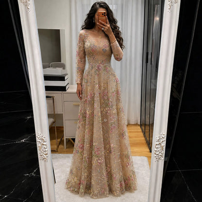 Luxury Nude Pink Colorful Floral Sequin Embroidered A-Line Dress LA73670