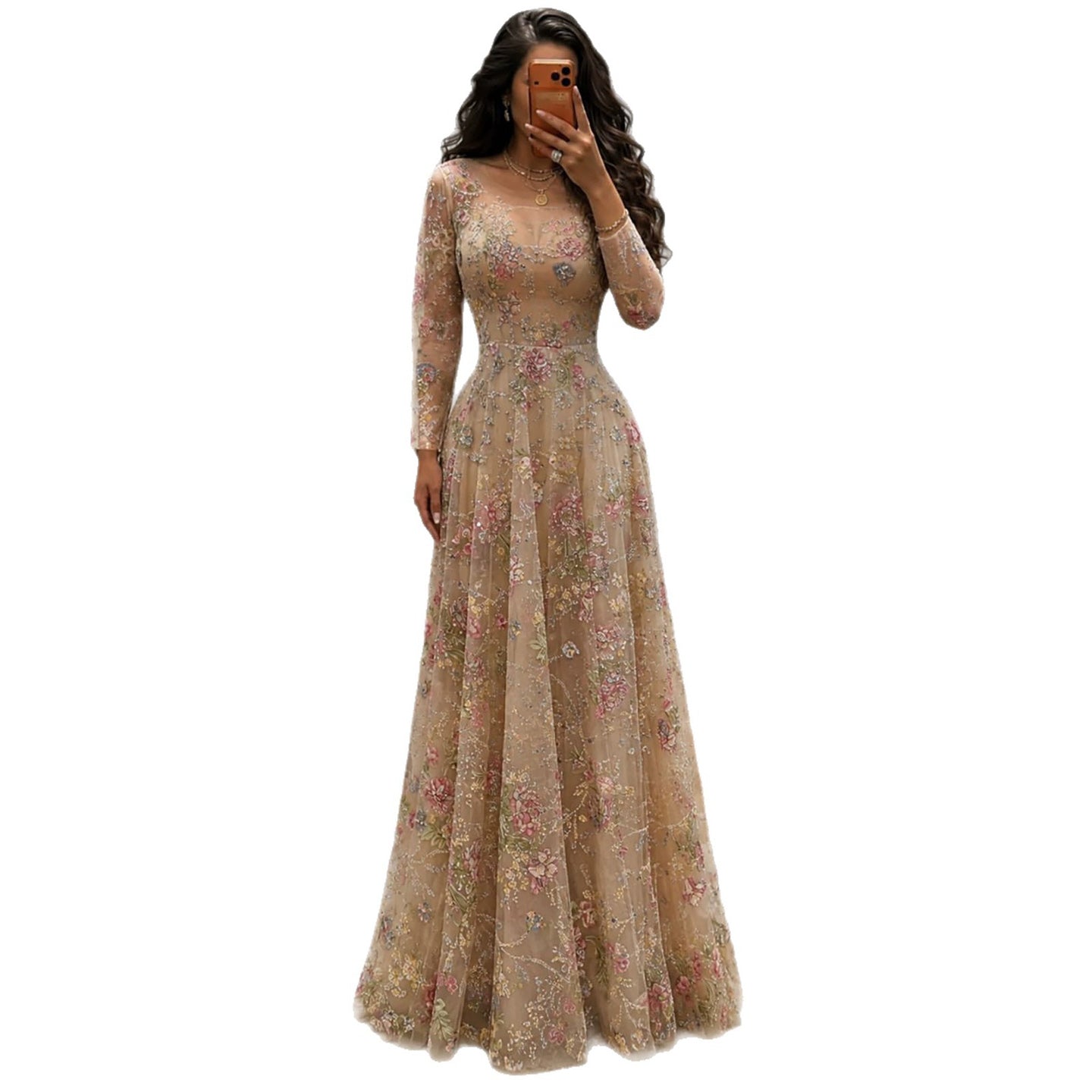 Luxury Nude Pink Colorful Floral Sequin Embroidered A-Line Dress LA73670