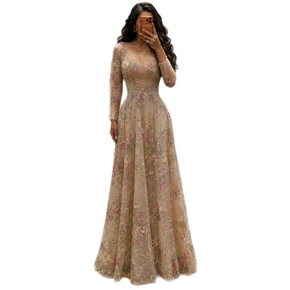Luxury Nude Pink Colorful Floral Sequin Embroidered A-Line Dress LA73670