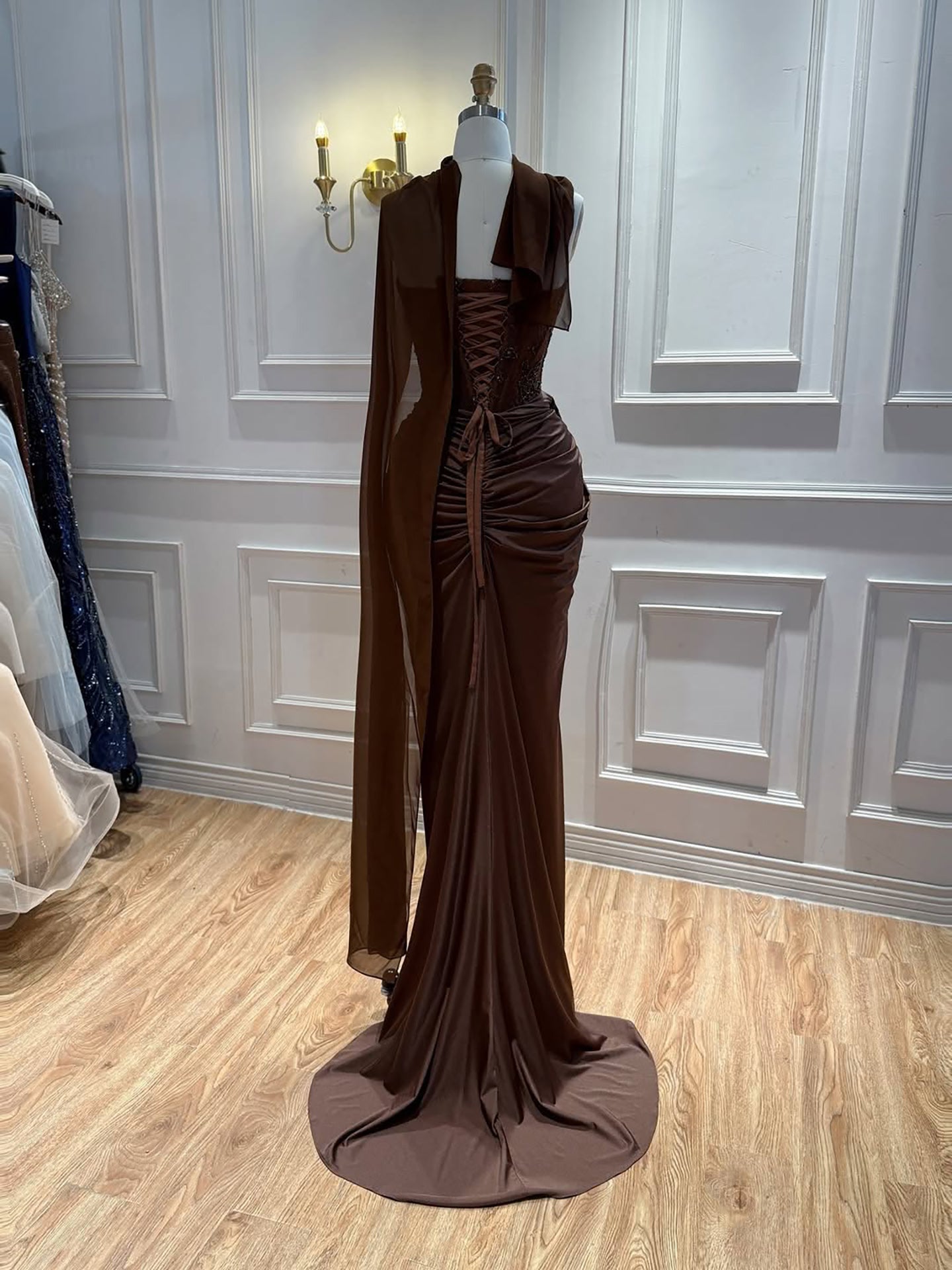 Luxury Brown Lace Beaded Strapless Mermaid Dress LA73672