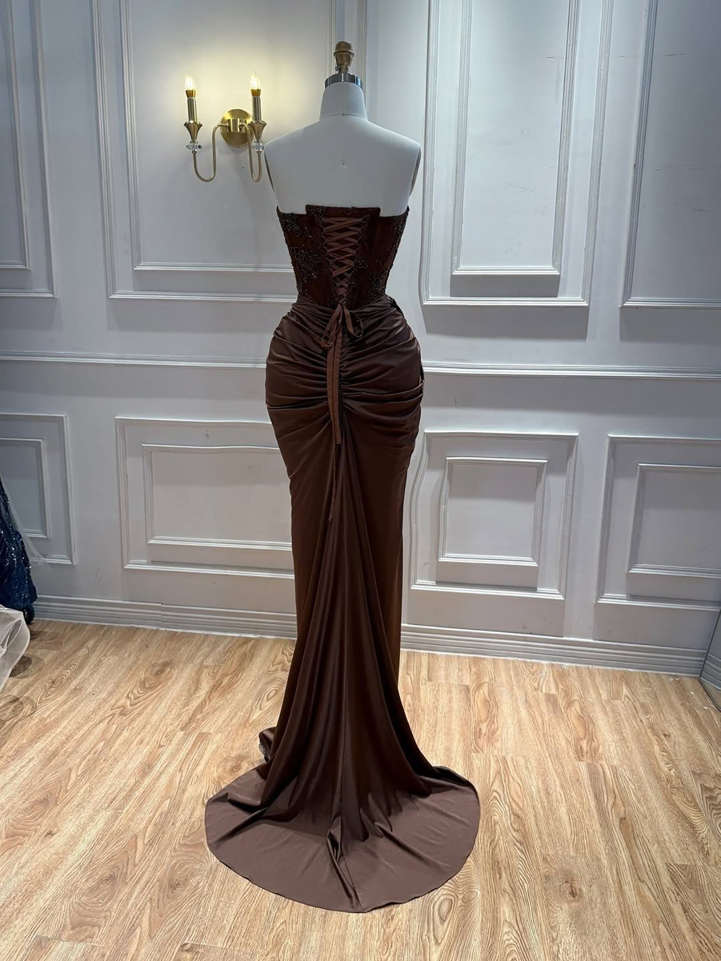 Luxury Brown Lace Beaded Strapless Mermaid Dress LA73672
