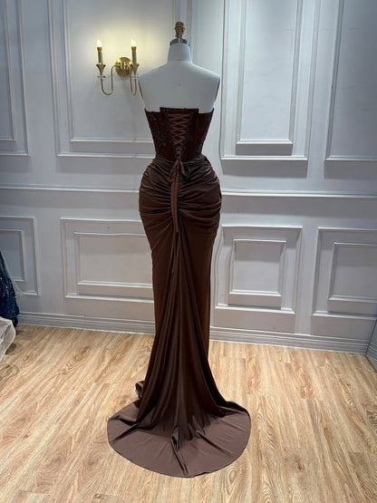 Luxury Brown Lace Beaded Strapless Mermaid Dress LA73672