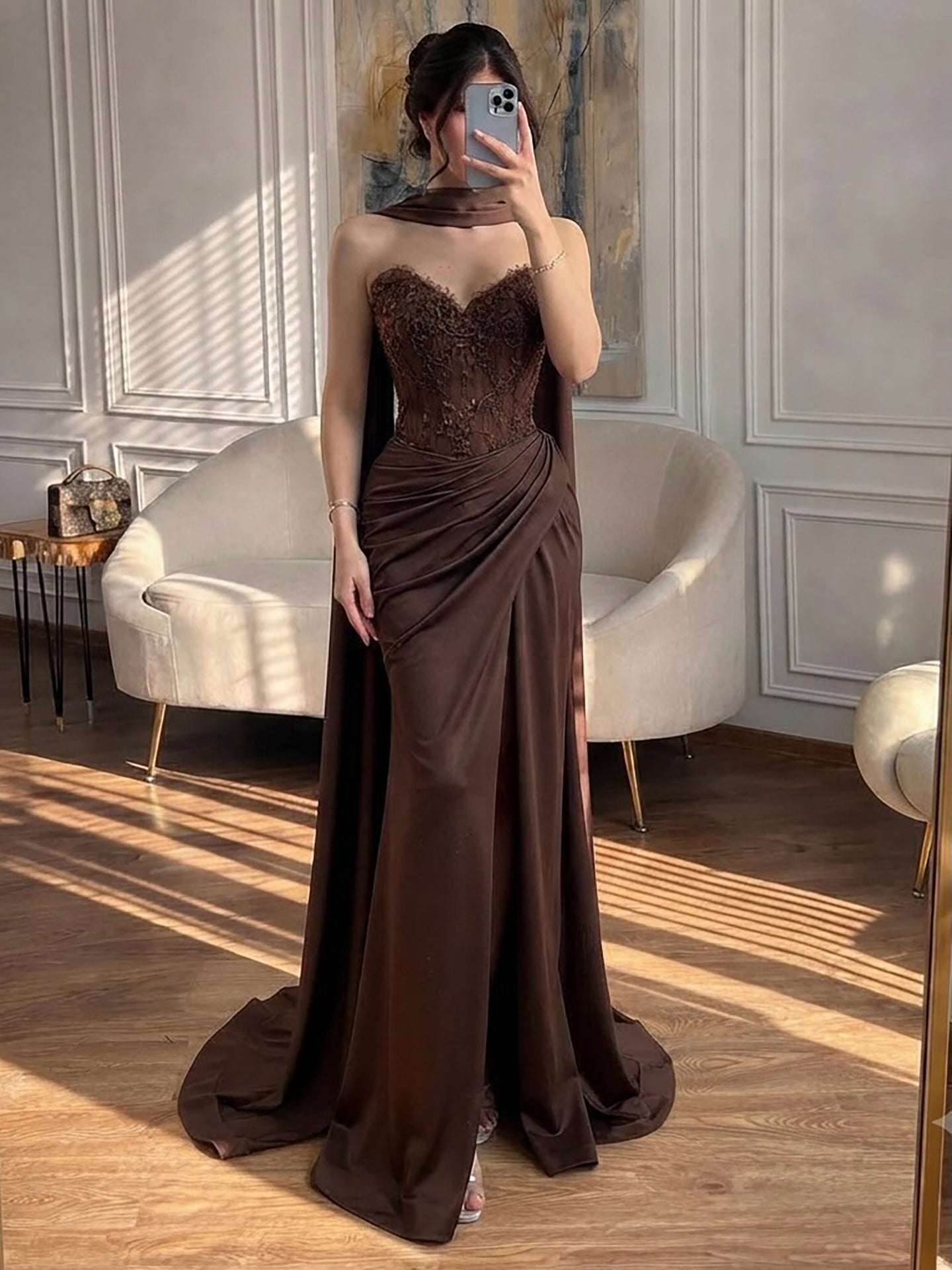 Luxury Brown Lace Beaded Strapless Mermaid Dress LA73672