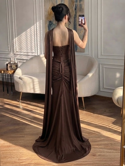 Luxury Brown Lace Beaded Strapless Mermaid Dress LA73672