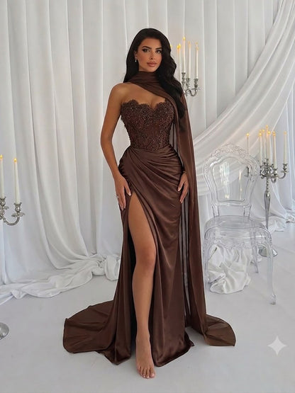 Luxury Brown Lace Beaded Strapless Mermaid Dress LA73672