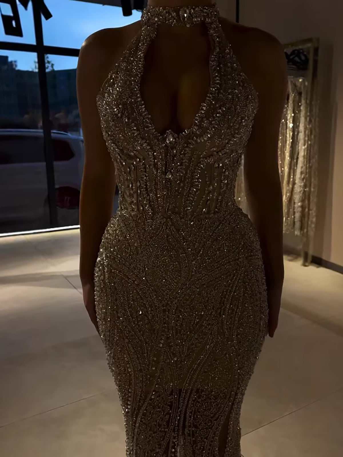 Silver Nude Halter Deep V Crystal Mermaid Evening Dress LA733673 - SERENE  HILL