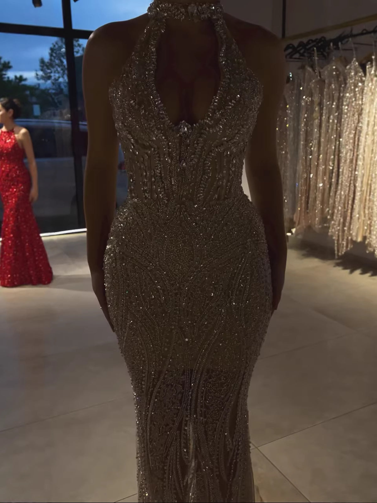 Silver Nude Halter Deep V Crystal Mermaid Evening Dress LA733673 - SERENE  HILL