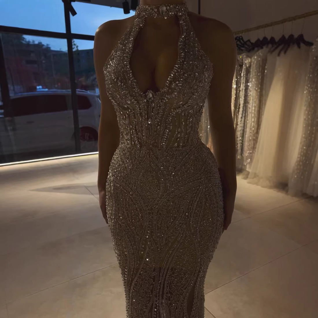 Silver Nude Halter Deep V Crystal Mermaid Evening Dress LA733673 - SERENE  HILL