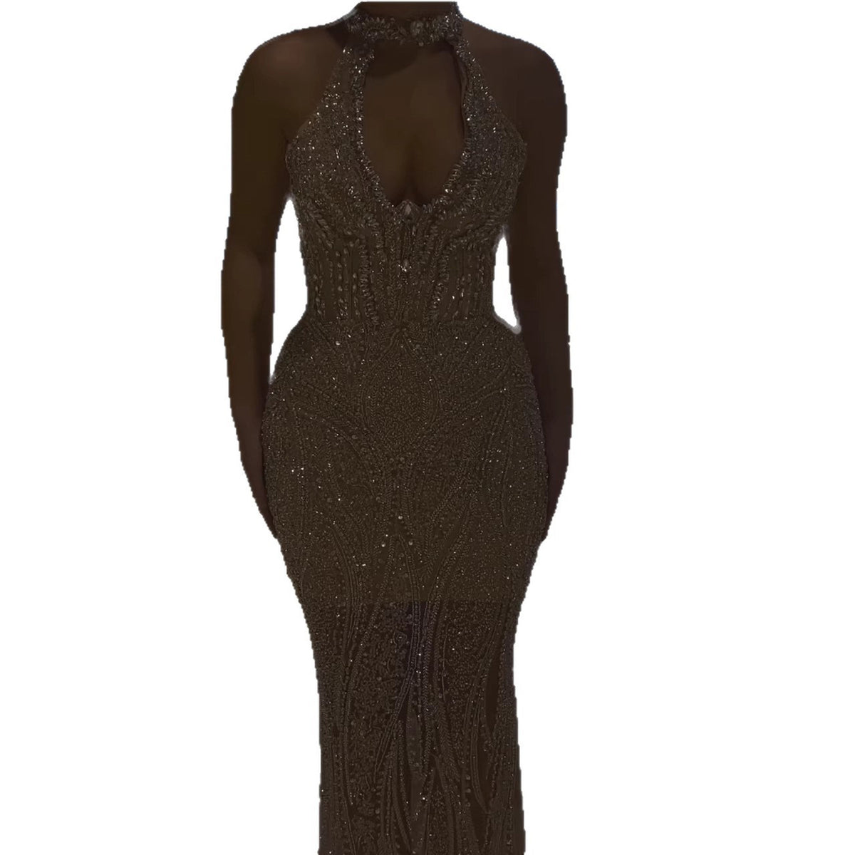 Silver Nude Halter Deep V Crystal Mermaid Evening Dress LA733673 - SERENE  HILL