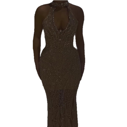 Silver Nude Halter Deep V Crystal Mermaid Evening Dress LA733673 - SERENE  HILL