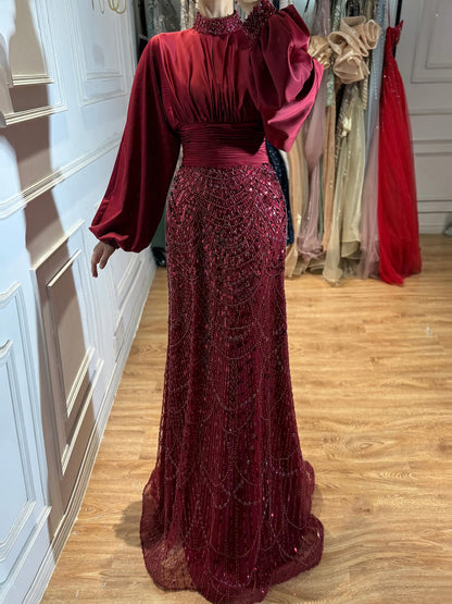 Luxury Muslim Green Satin Beaded Mermaid Evening Dress LA73676 SERENE HILL