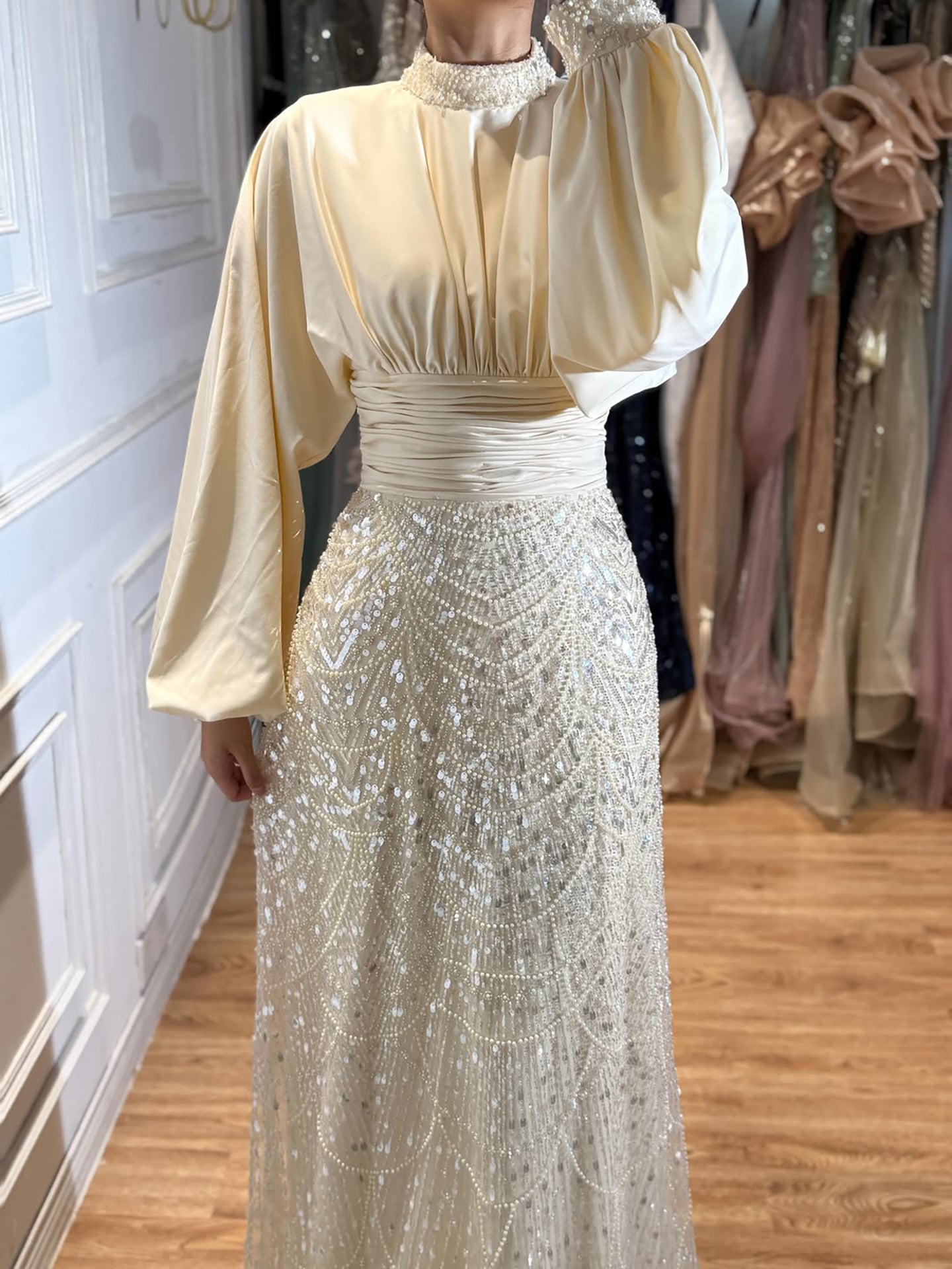 Luxury Muslim Green Satin Beaded Mermaid Evening Dress LA73676 SERENE HILL