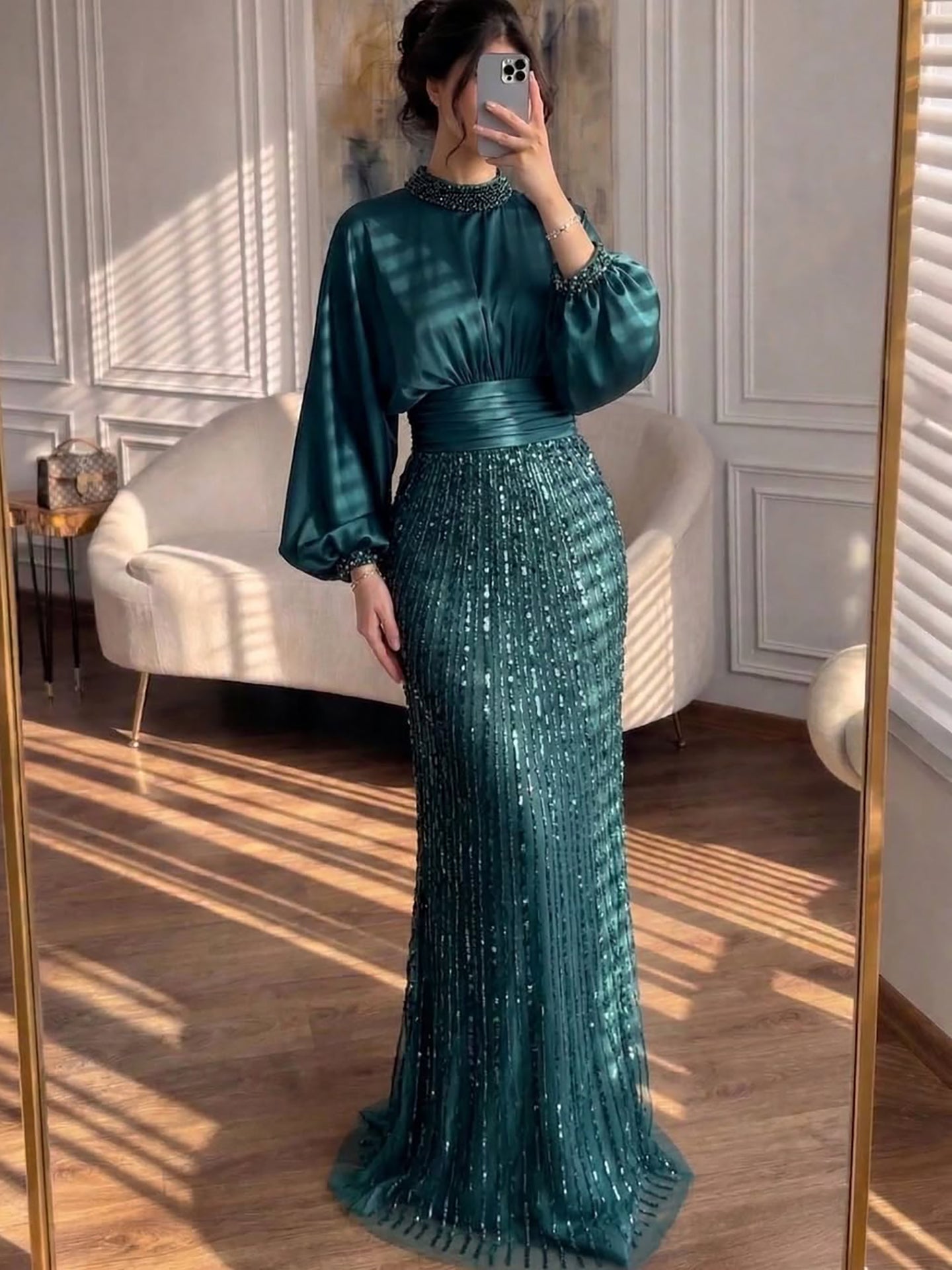 Luxury Muslim Green Satin Beaded Mermaid Evening Dress LA73676 - SERENE  HILL