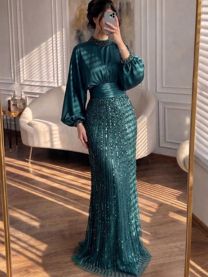Luxury Muslim Green Satin Beaded Mermaid Evening Dress LA73676 - SERENE  HILL