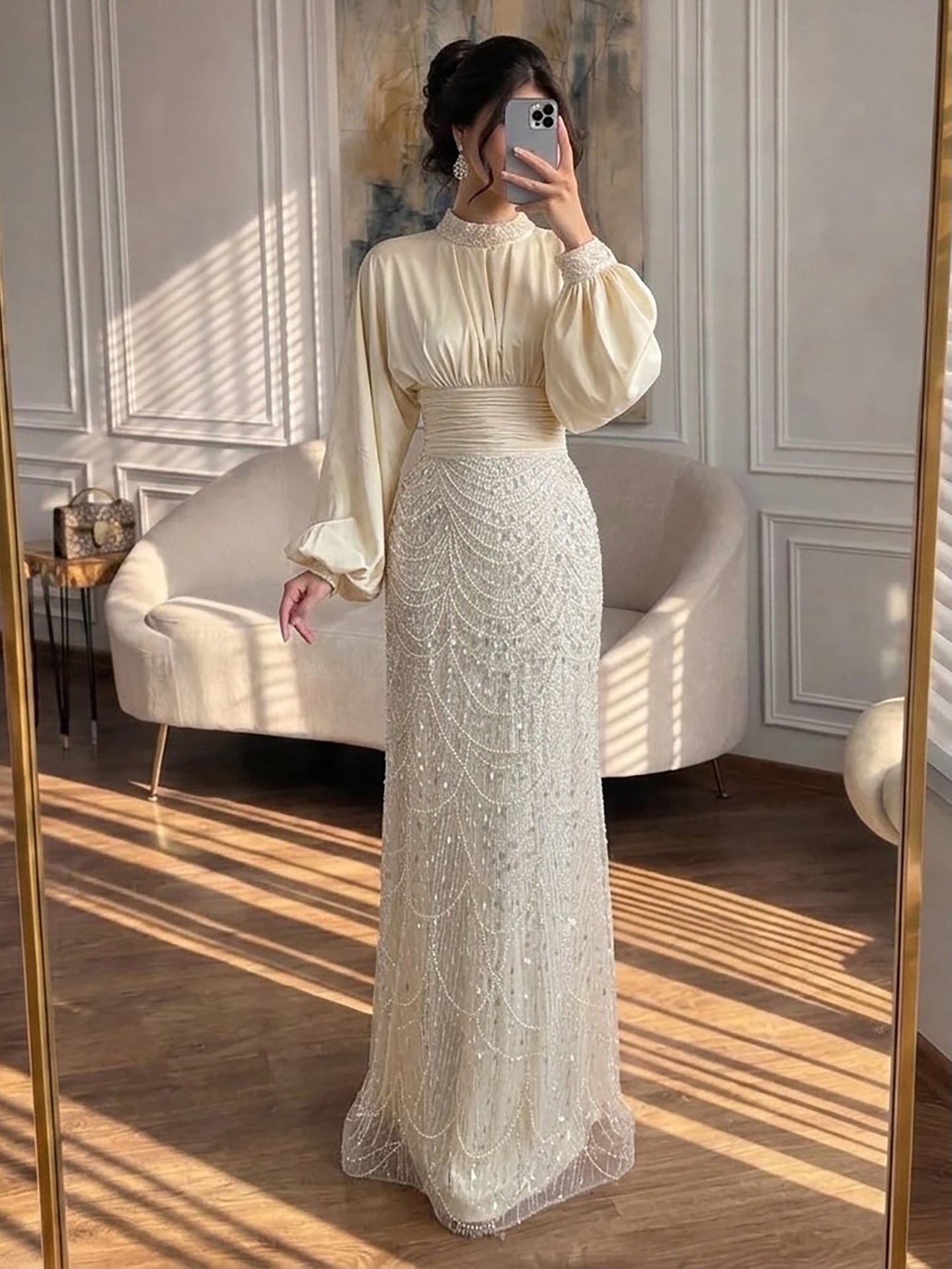 Luxury Muslim Green Satin Beaded Mermaid Evening Dress LA73676 SERENE HILL