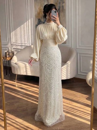 Luxury Muslim Green Satin Beaded Mermaid Evening Dress LA73676 SERENE HILL