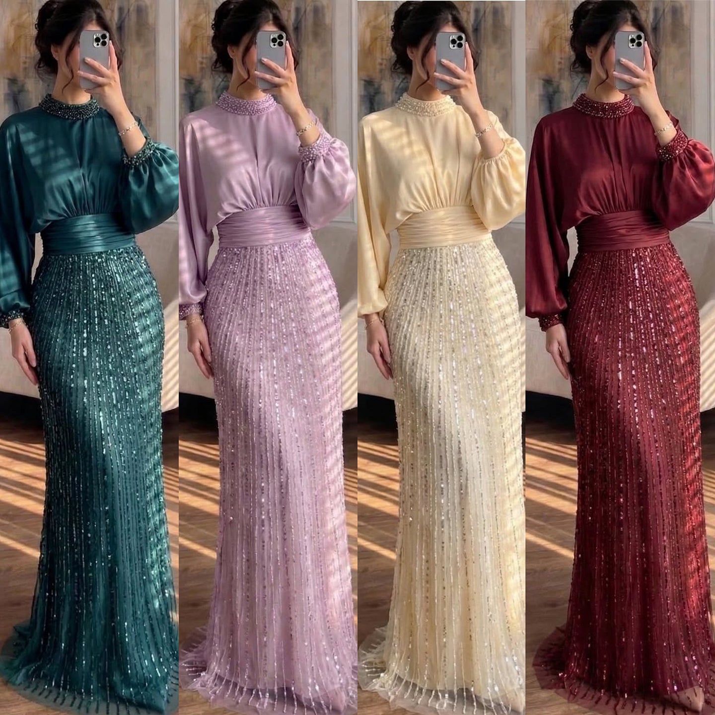 Luxury Muslim Green Satin Beaded Mermaid Evening Dress LA73676 - SERENE  HILL