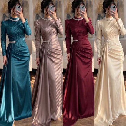 Luxury Muslim Green Satin Crystal Beaded Mermaid Evening Dress LA73667 - SERENE  HILL