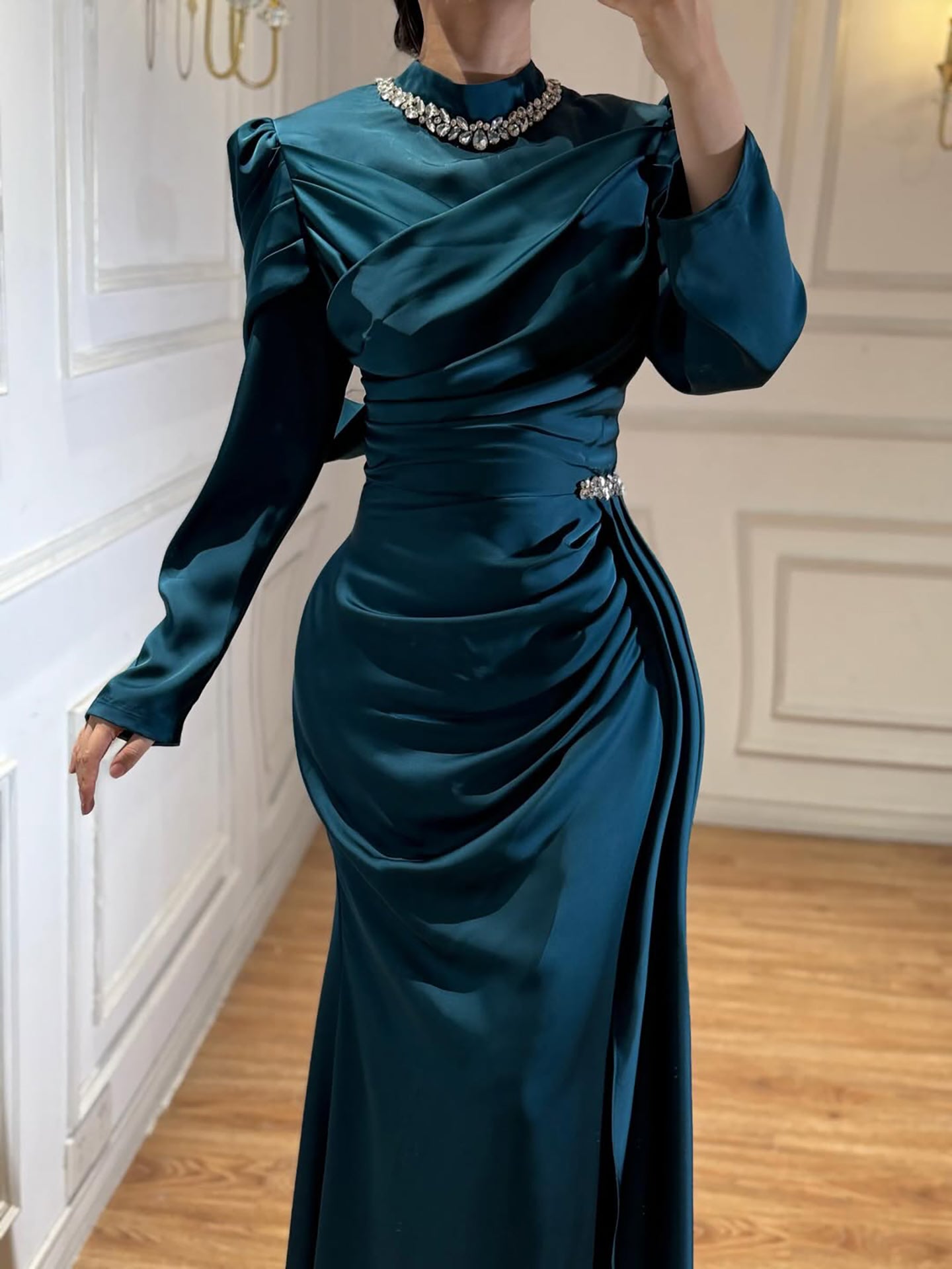 Luxury Muslim Green Satin Crystal Beaded Mermaid Evening Dress LA73667 - SERENE  HILL