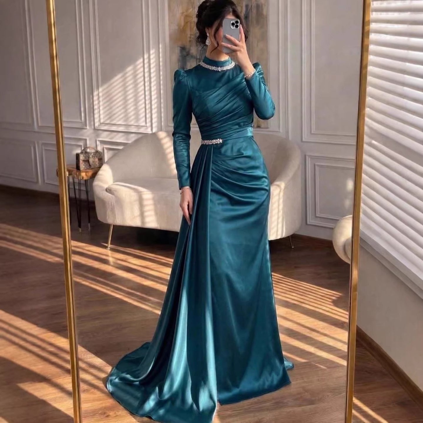 Luxury Muslim Green Satin Crystal Beaded Mermaid Evening Dress LA73667 - SERENE  HILL
