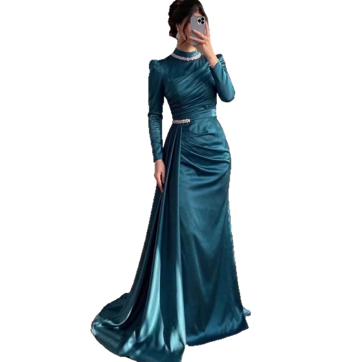 Luxury Muslim Green Satin Crystal Beaded Mermaid Evening Dress LA73667 - SERENE  HILL