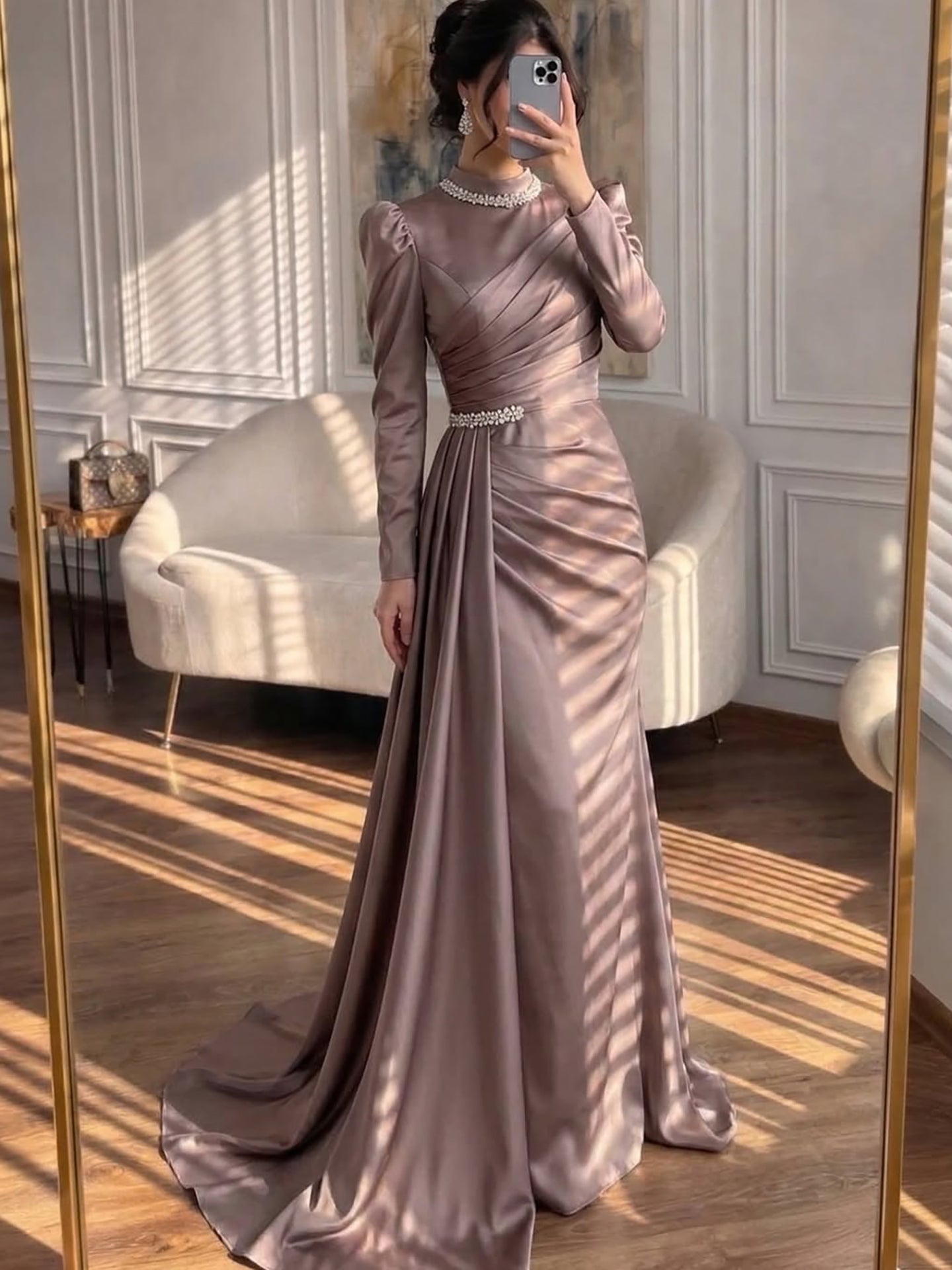 Luxury Muslim Green Satin Crystal Beaded Mermaid Evening Dress LA73667 - SERENE  HILL